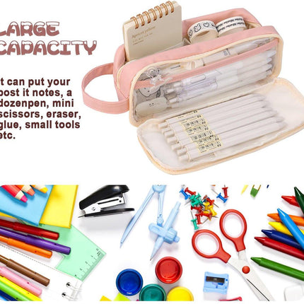 Pencil Case - Large Capacity - Waterproof and Expandable - Pencil Case for Boys and Girls - School Supplies - Suitable for Stationery, Makeup, Cosmetics, Travel, and Office Supplies - Pink.