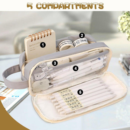 Pencil Case - Large Capacity - Waterproof and Expandable - Pencil Case for Boys and Girls - School Supplies - Suitable for Stationery, Makeup, Cosmetics, Travel, and Office Supplies - Beige.