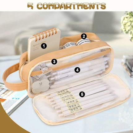 Pencil Case - Large Capacity - Waterproof and Expandable - Pencil Case for Boys and Girls - School Supplies - Suitable for Stationery, Makeup, Cosmetics, Travel and Office Supplies - Brown.