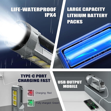 Rechargeable LED flashlight, powerful 6000 lumen outdoor emergency flashlight with 6 modes, USB data cable, IPX4 waterproof flashlight, suitable for camping/home/emergency use..