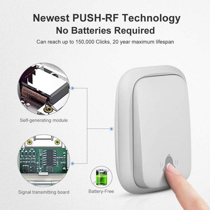 Wireless Doorbell - Doorbells - Wireless Doorbell - Standalone Doorbell - No Battery Required - Wireless Doorbell - 150m Range, Waterproof Button - With 38 Ringtones - 4 Volume Levels and LED - With.