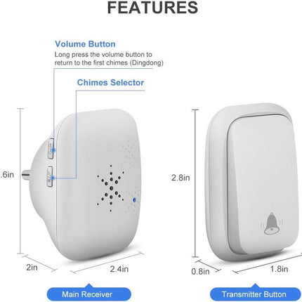 Wireless Doorbell - Doorbells - Wireless Doorbell - Standalone Doorbell - No Battery Required - Wireless Doorbell - 150m Range, Waterproof Button - With 38 Ringtones - 4 Volume Levels and LED - With.