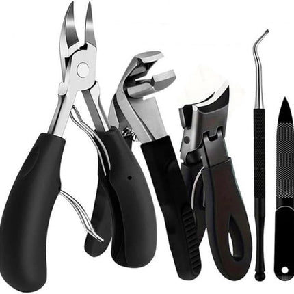 Nail clippers - Stainless steel pedicure tool - Heavy-duty nail clipper set - Includes a nail file, cuticle nipper, and pedicure tool - Classic black handles - Set of 5 - For ingrown and thick nails.