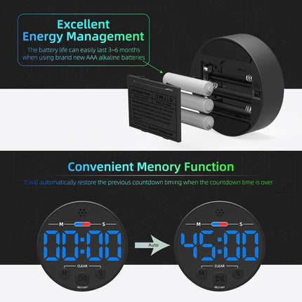Digital Timer - Digital Kitchen Timer - Smart Timer - LED Display - Magnetic - Addition/Subtraction - Learn to Tell Time - Analog Kitchen Timer - Black.