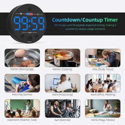 Digital Timer - Digital Kitchen Timer - Smart Timer - LED Display - Magnetic - Addition/Subtraction - Learn to Tell Time - Analog Kitchen Timer - Black.