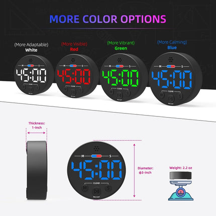 Digital Timer - Digital Kitchen Timer - Smart Timer - LED Display - Magnetic - Addition/Subtraction - Learn to Tell Time - Analog Kitchen Timer - Black.
