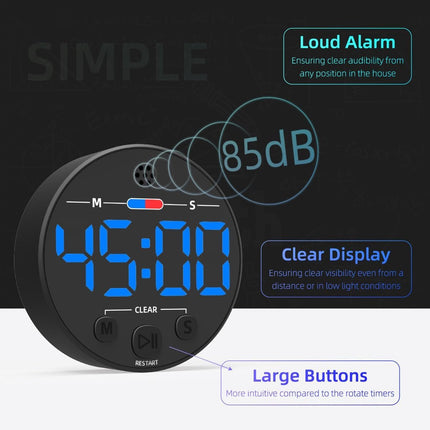 Digital Timer - Digital Kitchen Timer - Smart Timer - LED Display - Magnetic - Addition/Subtraction - Learn to Tell Time - Analog Kitchen Timer - Black.