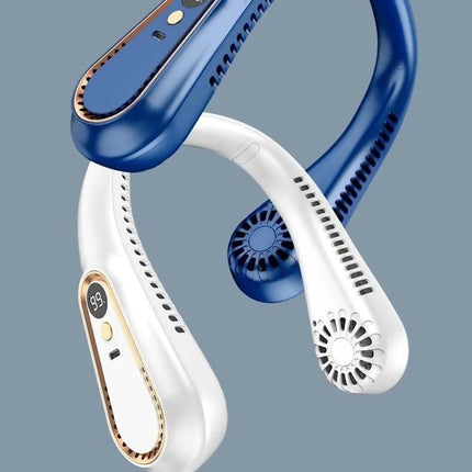 Portable neck fan, USB rechargeable, wireless and bladeless cooling, cool air blowing fans, digital display (blue).