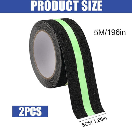 Anti-slip adhesive tape - 2 rolls - Safety tape - Stair tape - Anti-slip tape - For stepladders, ladders, and outdoor use - Glows in the dark - Black - 5 cm x 5 m.