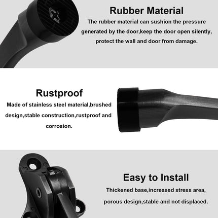 Set of 2 heavy-duty stainless steel doorstops with non-slip rubber tips for heavy doors, adjustable, door handle protection, 13 cm, black.