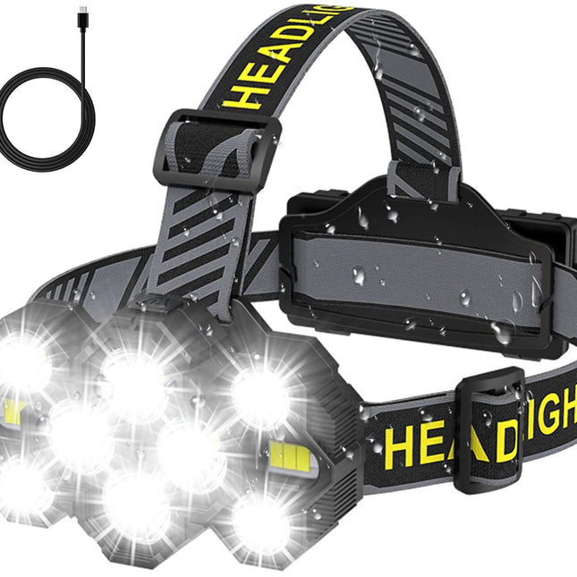 Headlamp - Rechargeable LED Headlamp - 10 LEDs - Extra powerful - 1000 lumens - 150-meter beam distance - Adjustable.