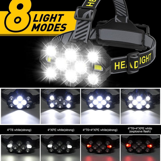Headlamp - Rechargeable LED Headlamp - 10 LEDs - Extra powerful - 1000 lumens - 150-meter beam distance - Adjustable.