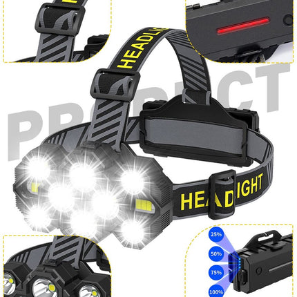 Headlamp - Rechargeable LED Headlamp - 10 LEDs - Extra powerful - 1000 lumens - 150-meter beam distance - Adjustable.