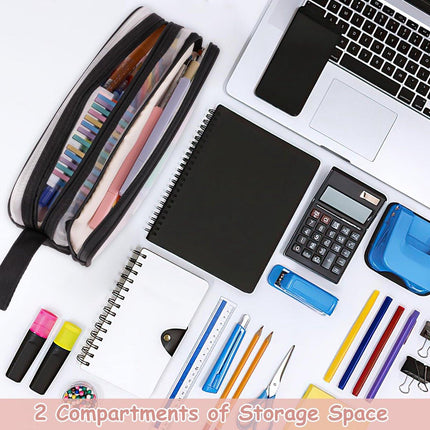 Large capacity transparent pencil case with compartments - 22.5 x 7.5 x 9.5 cm - For School, Boys, Girls and Adults.