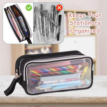 Large capacity transparent pencil case with compartments - 22.5 x 7.5 x 9.5 cm - For School, Boys, Girls and Adults.