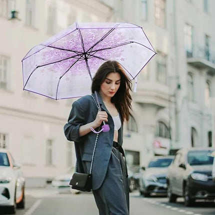 Transparent plastic folding umbrella - Purple Sakura design - Transparent floral travel umbrella, windproof, for outdoor use - Suitable for adults, children, girls, and women.