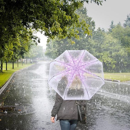 Transparent plastic folding umbrella - Purple Sakura design - Transparent floral travel umbrella, windproof, for outdoor use - Suitable for adults, children, girls, and women.