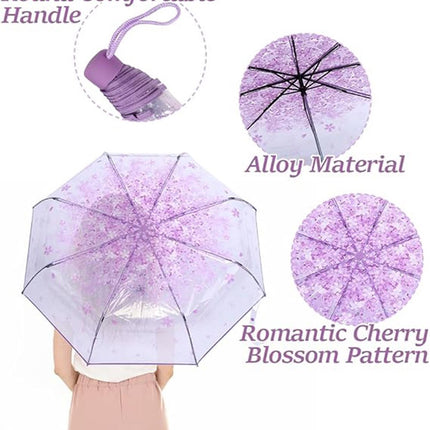 Transparent plastic folding umbrella - Purple Sakura design - Transparent floral travel umbrella, windproof, for outdoor use - Suitable for adults, children, girls, and women.