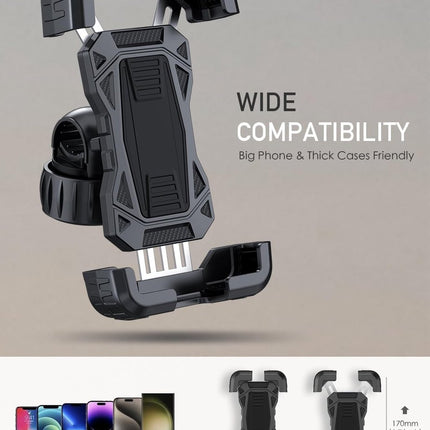 Bicycle phone mount - Motorcycle phone mount - Phone holder - Bicycle phone mount - Motorcycle phone mount - Adjustable - Universal - Handlebar - Black - Compatible with 4.7 to 6.8 inch phones.