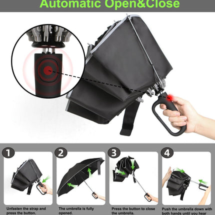 Folding storm umbrella - Parasol - Umbrella - Automatically extends - Sturdy and waterproof travel umbrella - Durable 10-rib frame - Reflective - Umbrellas.
