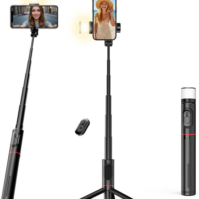 Selfie stick - Phone tripod - Tripod with auxiliary light - Mobile phone holder - With lighting function - Remote control - 75mm aluminum phone holder - Selfie stick for smartphones.