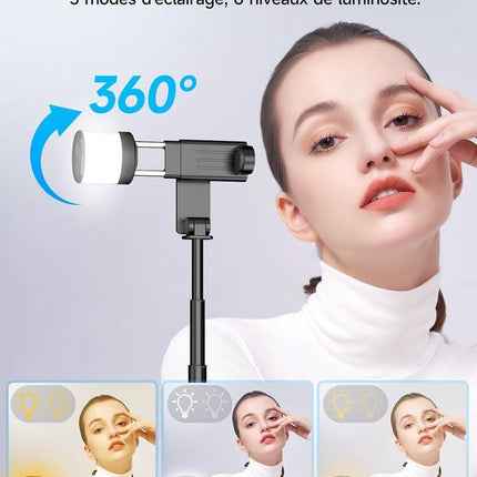 Selfie stick - Phone tripod - Tripod with auxiliary light - Mobile phone holder - With lighting function - Remote control - 75mm aluminum phone holder - Selfie stick for smartphones.