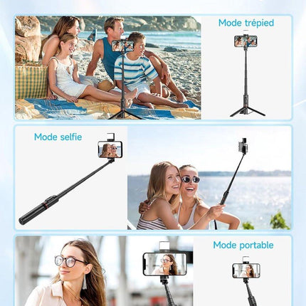 Selfie stick - Phone tripod - Tripod with auxiliary light - Mobile phone holder - With lighting function - Remote control - 75mm aluminum phone holder - Selfie stick for smartphones.
