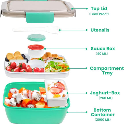 2000ml children's lunch box, adult lunch box with 4 compartments and soup container, salad box with dressing container, lunch box, salad container, microwave and dishwasher safe, BPA free.