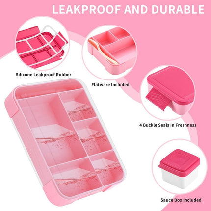 Lunch Box - Bento Box - Lunch Box - Adult Lunch Box - Children's Lunch Box - With 5 Compartments - Durable - Microwave/Dishwasher Safe - Ideal for Meals at Restaurants, Work, School - Pink.