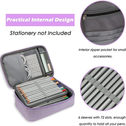 AMGOMH 72-slot pencil case, large capacity, student stationery, colored pencils, with inner pocket for small gadgets (purple).