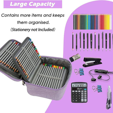 AMGOMH 72-slot pencil case, large capacity, student stationery, colored pencils, with inner pocket for small gadgets (purple).