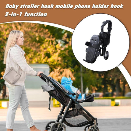 Phone holder for bicycle, stroller, portable stroller hanger, 2-in-1 shopping trolley hook, shopping bag holder, sturdy and adjustable, compatible with most strollers and bicycles.