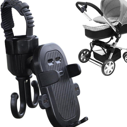 Phone holder for bicycle, stroller, portable stroller hanger, 2-in-1 shopping trolley hook, shopping bag holder, sturdy and adjustable, compatible with most strollers and bicycles.