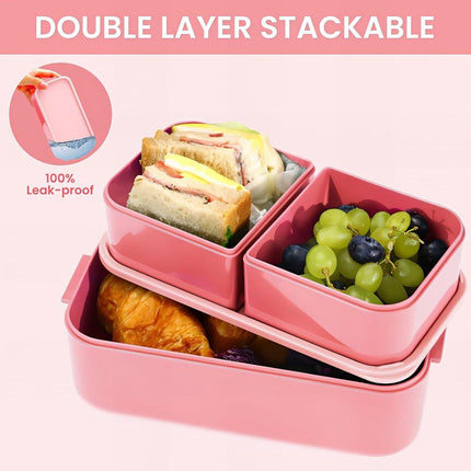 Children's bento box with compartments, 1300 ml, 2-in-1 3-compartment bento box, leakproof, for adults, for breakfast, BPA-free, pink.