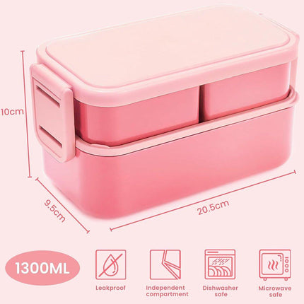 Children's bento box with compartments, 1300 ml, 2-in-1 3-compartment bento box, leakproof, for adults, for breakfast, BPA-free, pink.