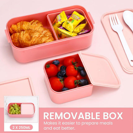Children's bento box with compartments, 1300 ml, 2-in-1 3-compartment bento box, leakproof, for adults, for breakfast, BPA-free, pink.