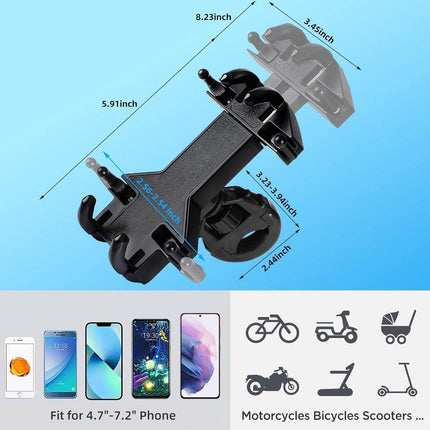 Motorcycle phone mount - Bicycle phone mount - Heavy-duty clamp for motorcycle handlebars - One-handed operation - Scooter phone mount - For phones from 4.7" to 7.25".