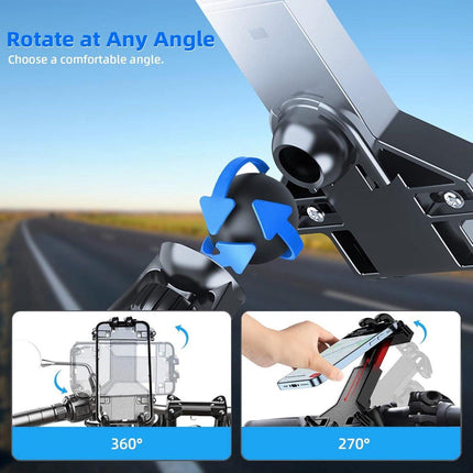 Motorcycle phone mount - Bicycle phone mount - Heavy-duty clamp for motorcycle handlebars - One-handed operation - Scooter phone mount - For phones from 4.7" to 7.25".