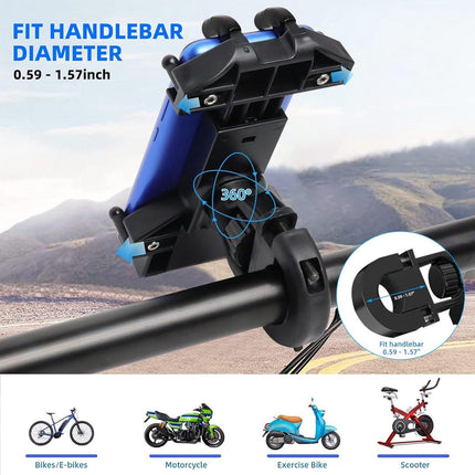 Motorcycle phone mount - Bicycle phone mount - Heavy-duty clamp for motorcycle handlebars - One-handed operation - Scooter phone mount - For phones from 4.7" to 7.25".
