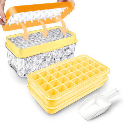 Frozen Ice Cube Tray - Food-Grade Ice Cube Tray with Lid - Ice Cube Tray - 2 Layers, Yellow - Releases all ice cubes in one second - Ice Cube Tray.
