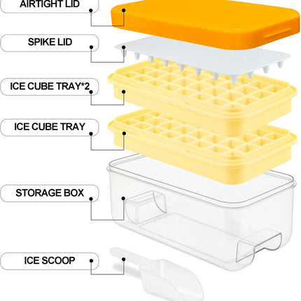 Frozen Ice Cube Tray - Food-Grade Ice Cube Tray with Lid - Ice Cube Tray - 2 Layers, Yellow - Releases all ice cubes in one second - Ice Cube Tray.