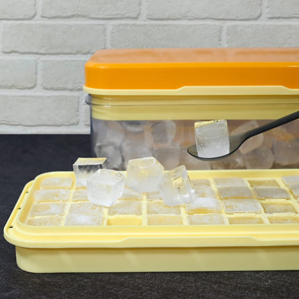 Frozen Ice Cube Tray - Food-Grade Ice Cube Tray with Lid - Ice Cube Tray - 2 Layers, Yellow - Releases all ice cubes in one second - Ice Cube Tray.
