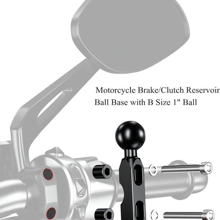Aluminum alloy mounting base - with 1" TPU ball - for motorcycle brake/clutch reservoirs - compatible with dual mounting arms with 1" ball, size B mounting - black.