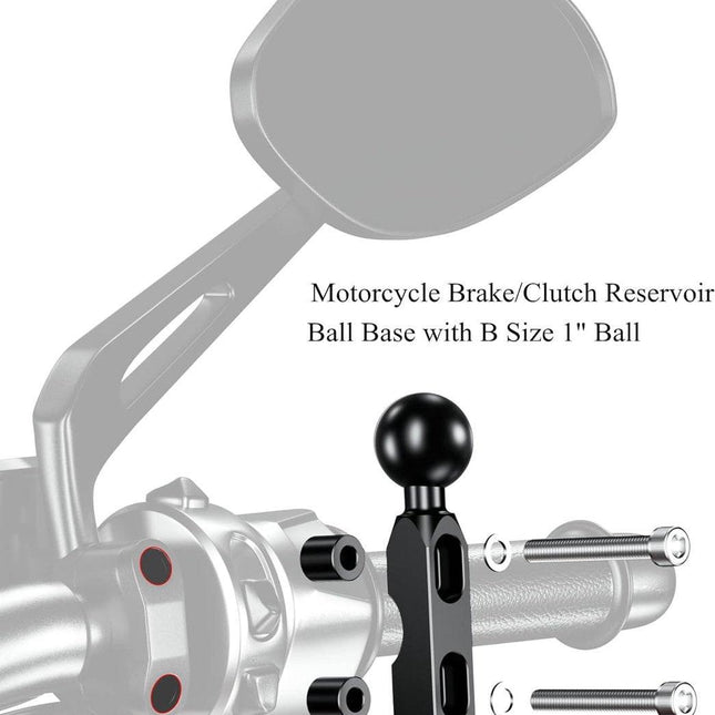 Aluminum alloy mounting base - with 1" TPU ball - for motorcycle brake/clutch reservoirs - compatible with dual mounting arms with 1" ball, size B mounting - black.