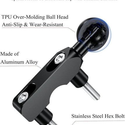 Aluminum alloy mounting base - with 1" TPU ball - for motorcycle brake/clutch reservoirs - compatible with dual mounting arms with 1" ball, size B mounting - black.