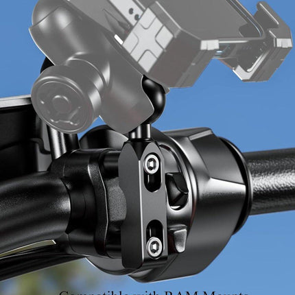 Aluminum alloy mounting base - with 1" TPU ball - for motorcycle brake/clutch reservoirs - compatible with dual mounting arms with 1" ball, size B mounting - black.