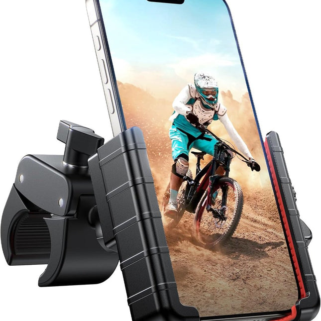 Phone holder for bicycles and motorcycles - Quick attachment - Bicycle handlebar mount - For scooters - Black and red
