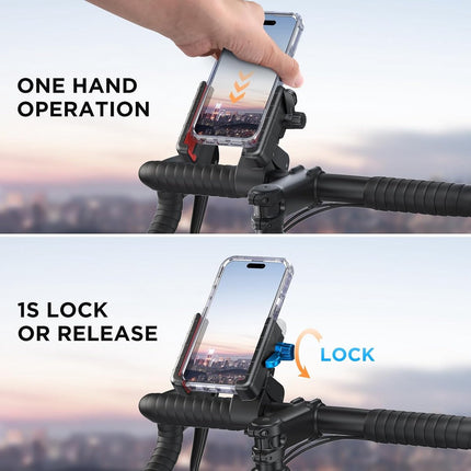 Phone holder for bicycles and motorcycles - Quick attachment - Bicycle handlebar mount - For scooters - Black and red.
