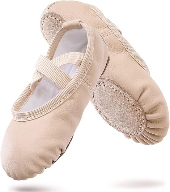 Women's Ballet Shoes – Ballet Shoes for Girls – Beige – Soft PU Leather Dance Shoes with Non-Slip Sole – Suitable for Ballet, Yoga & Home Use – For 8 UK Child.