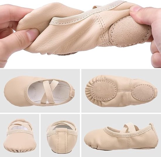 Women's Ballet Shoes – Ballet Shoes for Girls – Beige – Soft PU Leather Dance Shoes with Non-Slip Sole – Suitable for Ballet, Yoga & Home Use – For 3 UK.